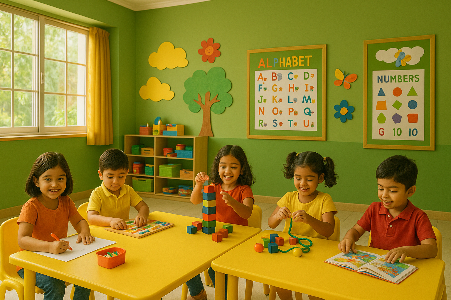 Happy Indian children learning and playing in a colorful classroom with educational decorations