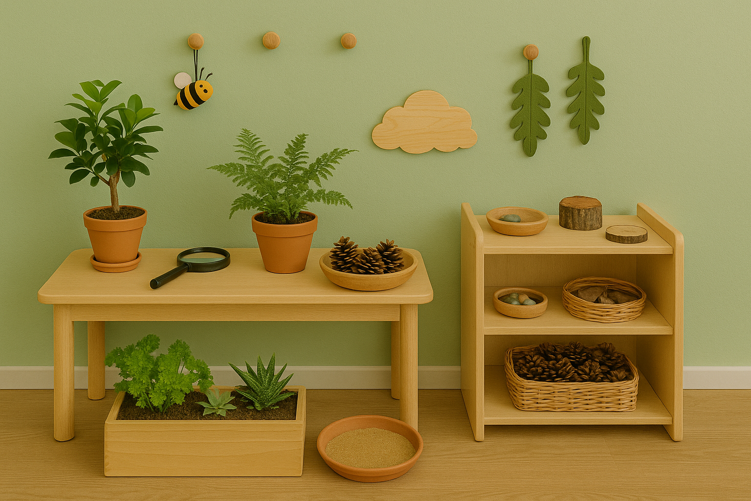 Nature exploration zone with plants and sensory elements